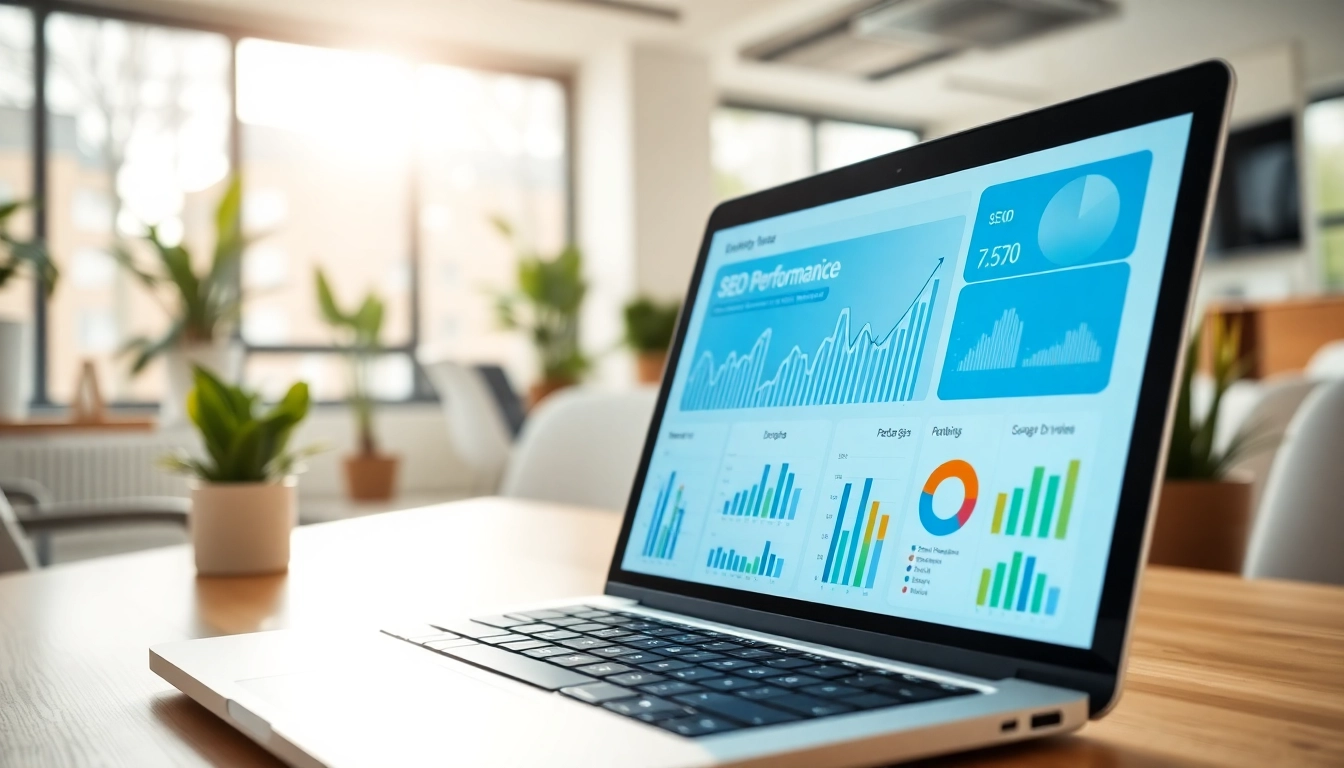 Visualizing SEO performance metrics on a laptop in a modern workspace.