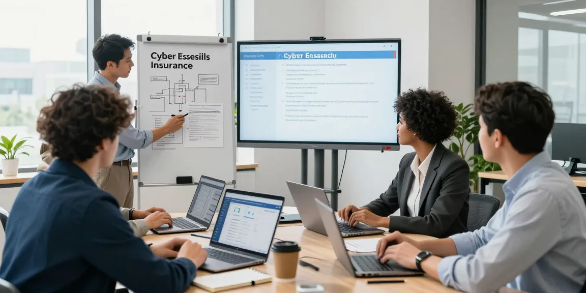 IT professionals discussing cyber essentials insurance in a modern office setting, analyzing compliance documents and certification steps.
