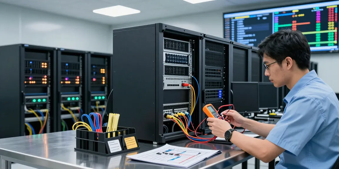 C19/C20 power connector technician testing high-performance server in a modern data center with digital displays.