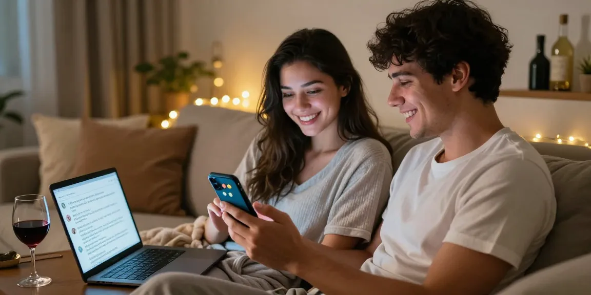 Couple using sexting AI apps to flirt on smartphones in a cozy setting.