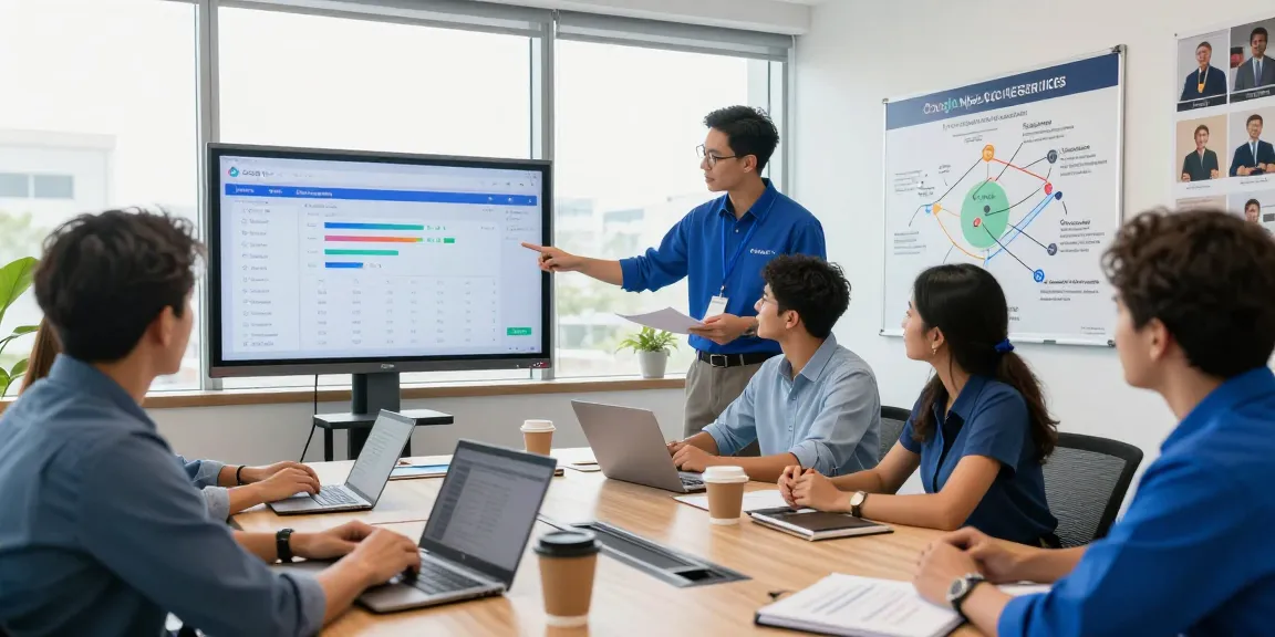 Home-service business team strategizing Google Maps SEO services in a modern office layout.
