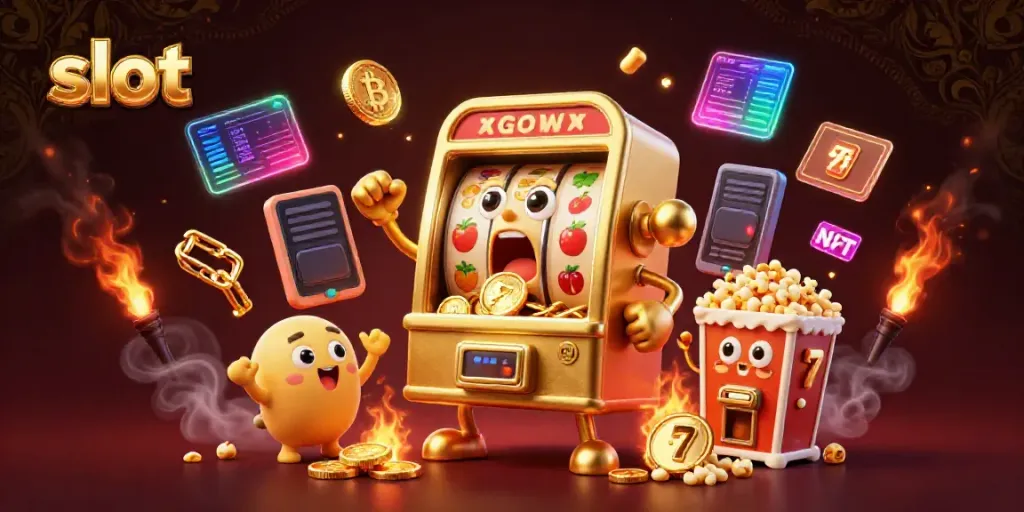Experience the excitement of slot gameplay with a lively scene featuring a golden slot machine hitting a jackpot and celebrating.