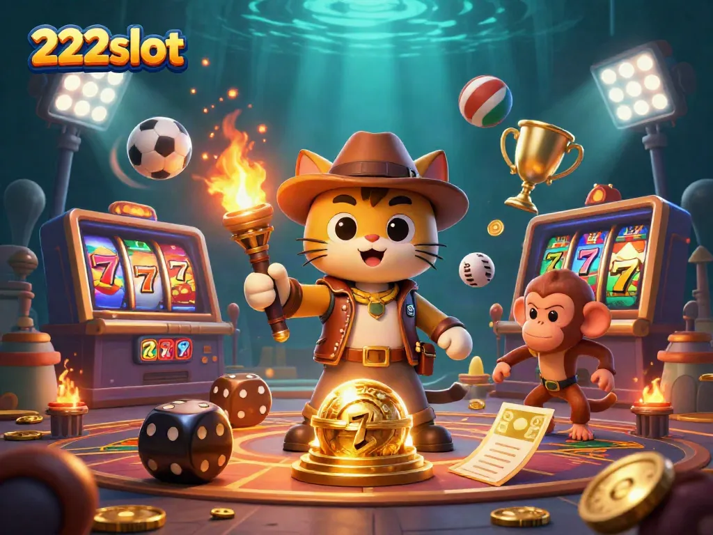 Slot mesin 222slot menampilkan kucing arkeolog dan monyet, menggenggam artefak emas.