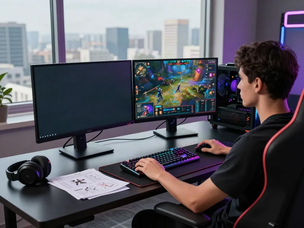 G15Tools workspace with gamer planning strategies using dual monitors and gaming setup.