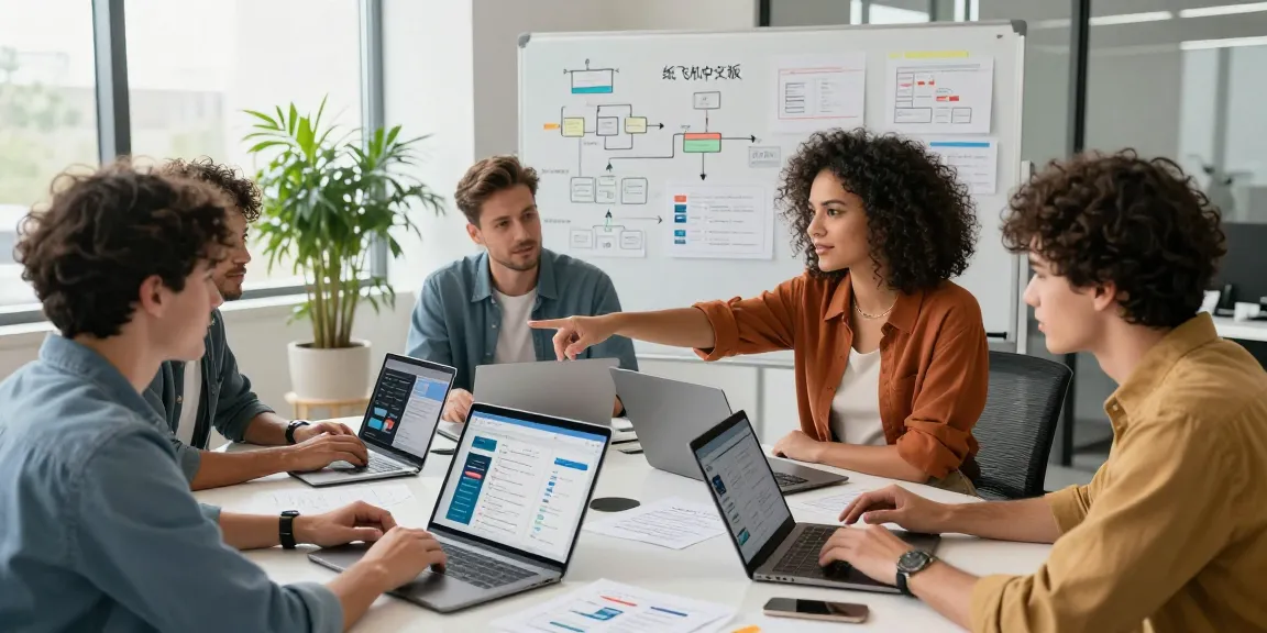 Team collaborating on 纸飞机中文版 in a modern workspace, showcasing vibrant tech innovation and teamwork.