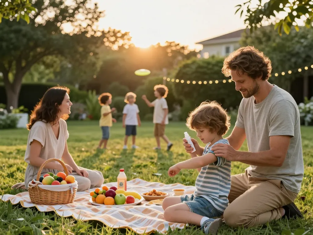 Family applying mosquito repellent at sunset during outdoor picnic.