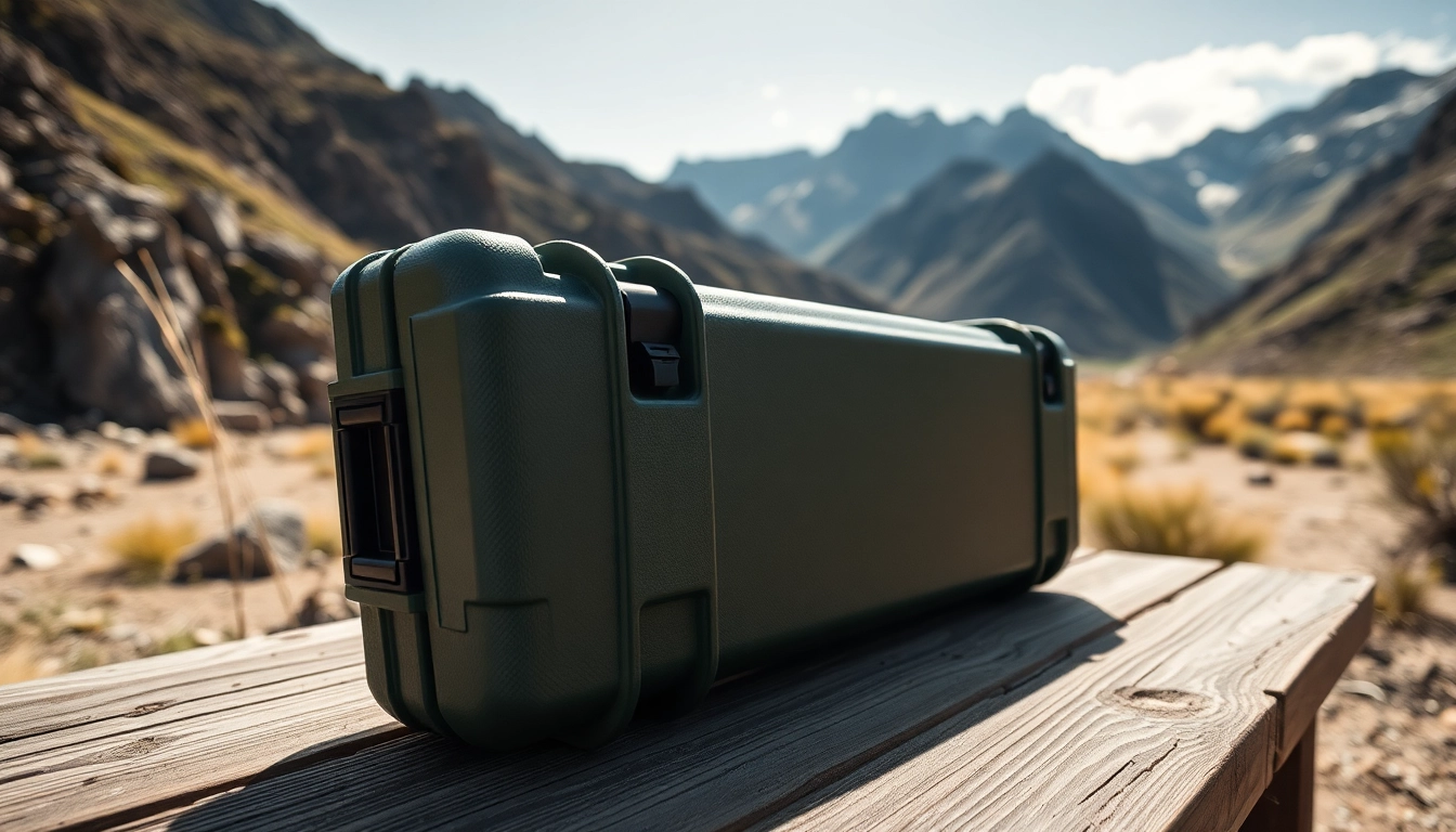 Showcase of a pelican rifle case set against a scenic outdoor backdrop, emphasizing durability and protection.