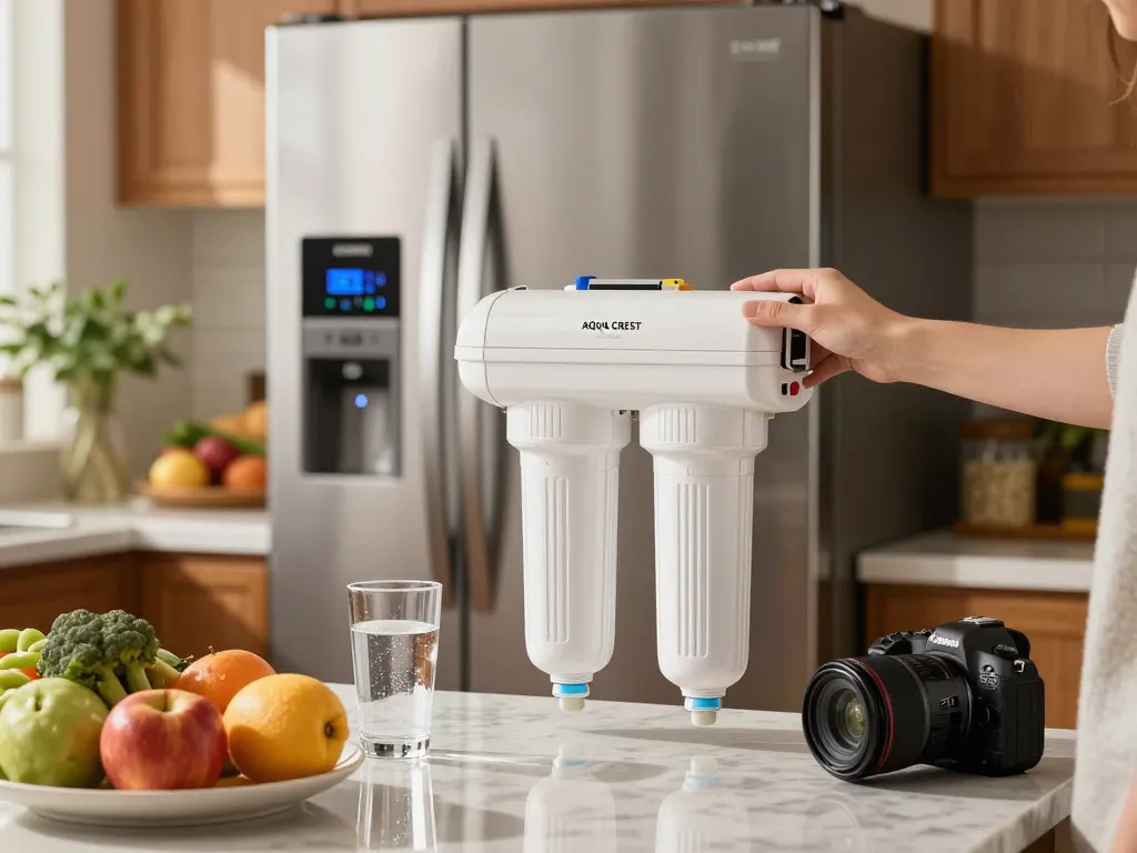 AQUA CREST DA29-00003G Refrigerator Water Filter being replaced in a modern kitchen.