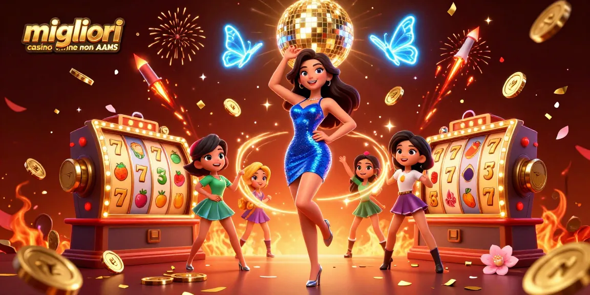 I migliori casino online non AAMS mostrano rulli di slot vivaci e una ballerina glamour in mezzo a elementi festivi