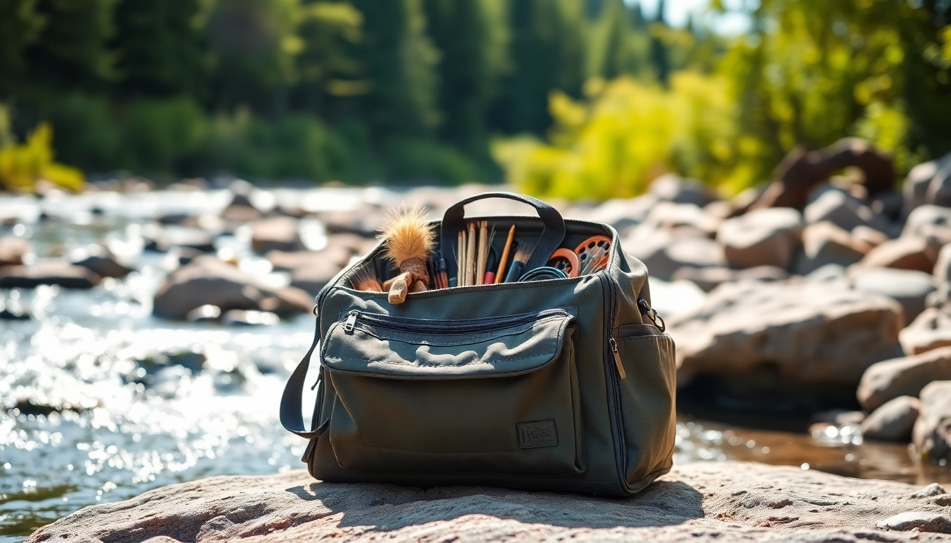 Showcasing a Fly fishing bag filled with gear beside a tranquil river.