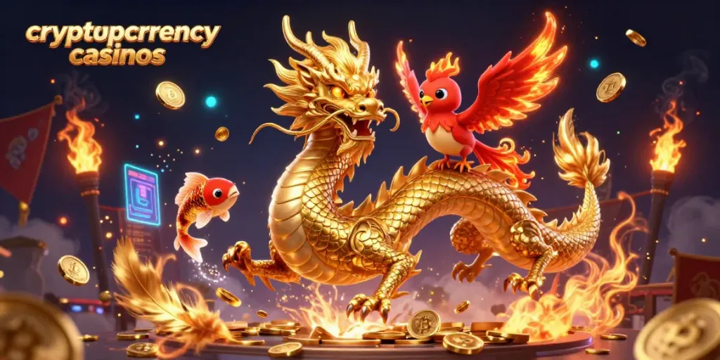 Experience exciting gameplay at cryptocurrency casinos with a dragon, phoenix, and koi fish amidst gold coins.