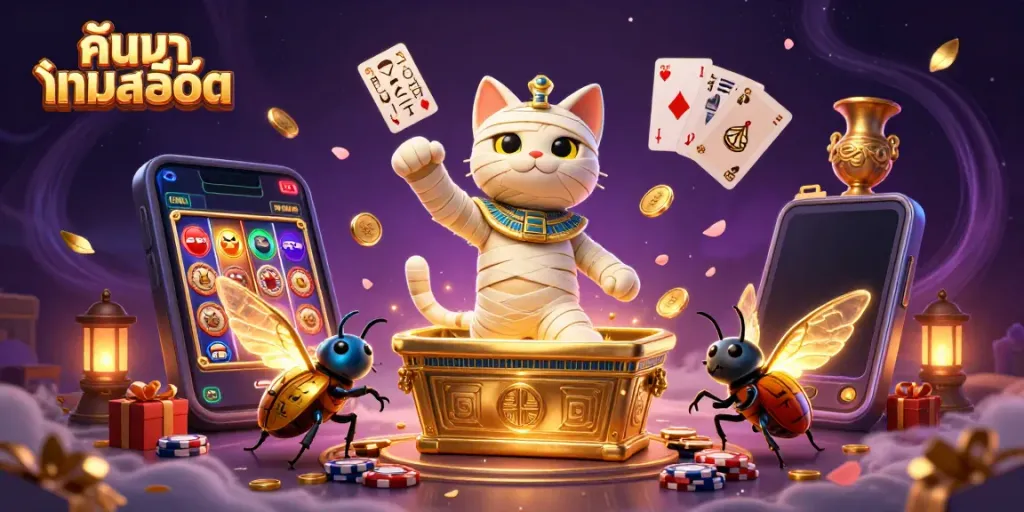 Experience the thrill of ค้นหาเกมสล็อต with a vibrant scene featuring an Egyptian mummy cat and playful gaming elements.