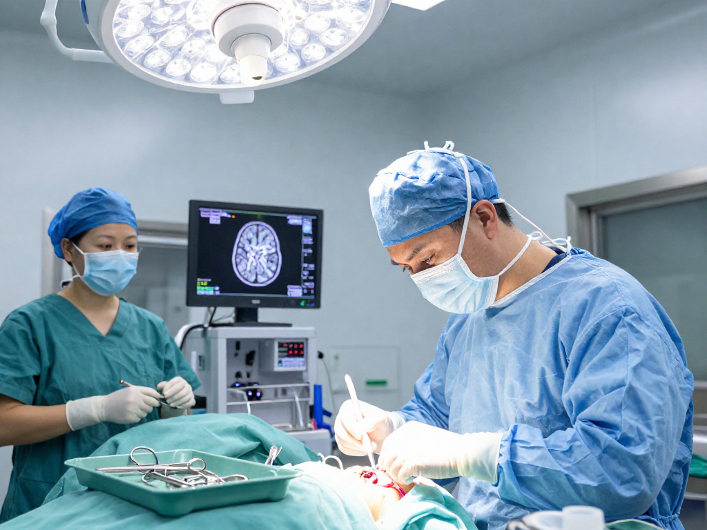In a bright surgical room, a neurosurgeon performs beyin tümörü ameliyatı, showcasing advanced medical tools and monitors.