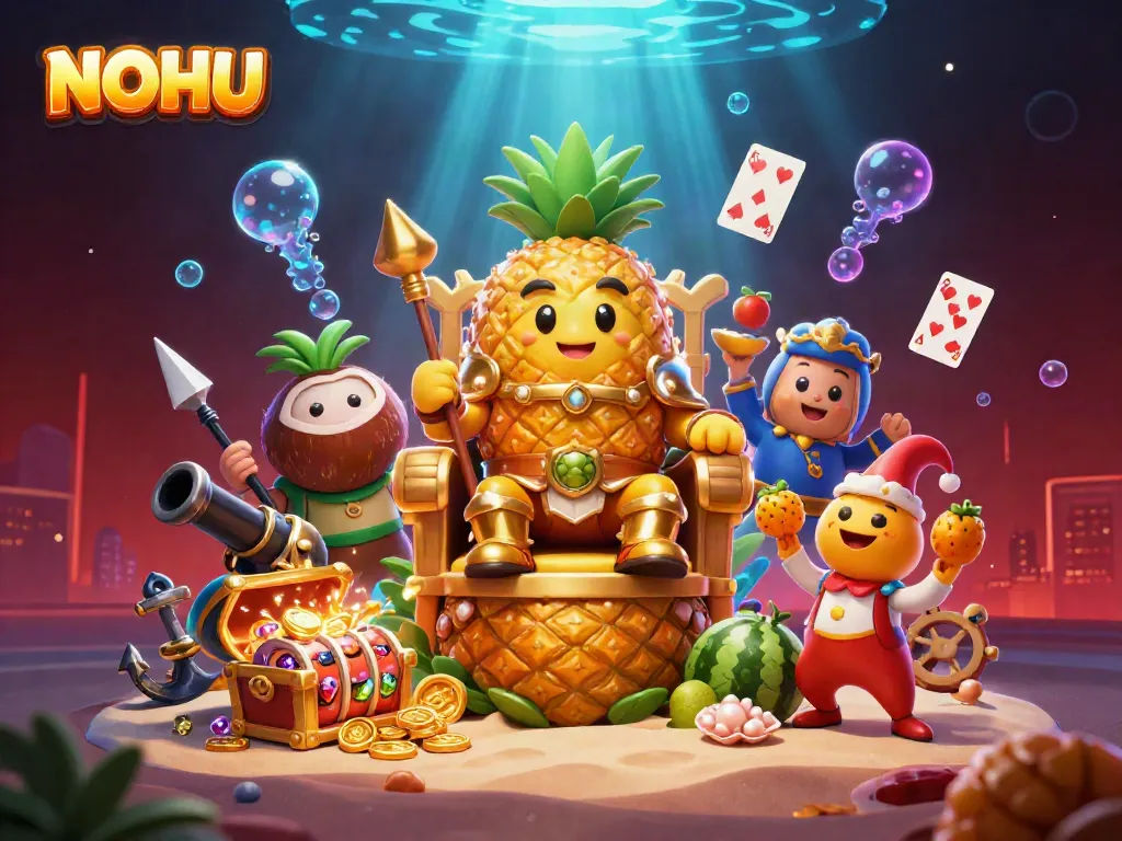 NOHU casino image featuring a golden pineapple king and treasure elements in a tropical setting.