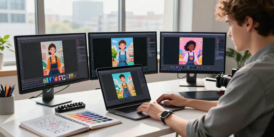 Engaging scene of a young professional utilizing an online AI image to video generator in a vibrant digital workspace.
