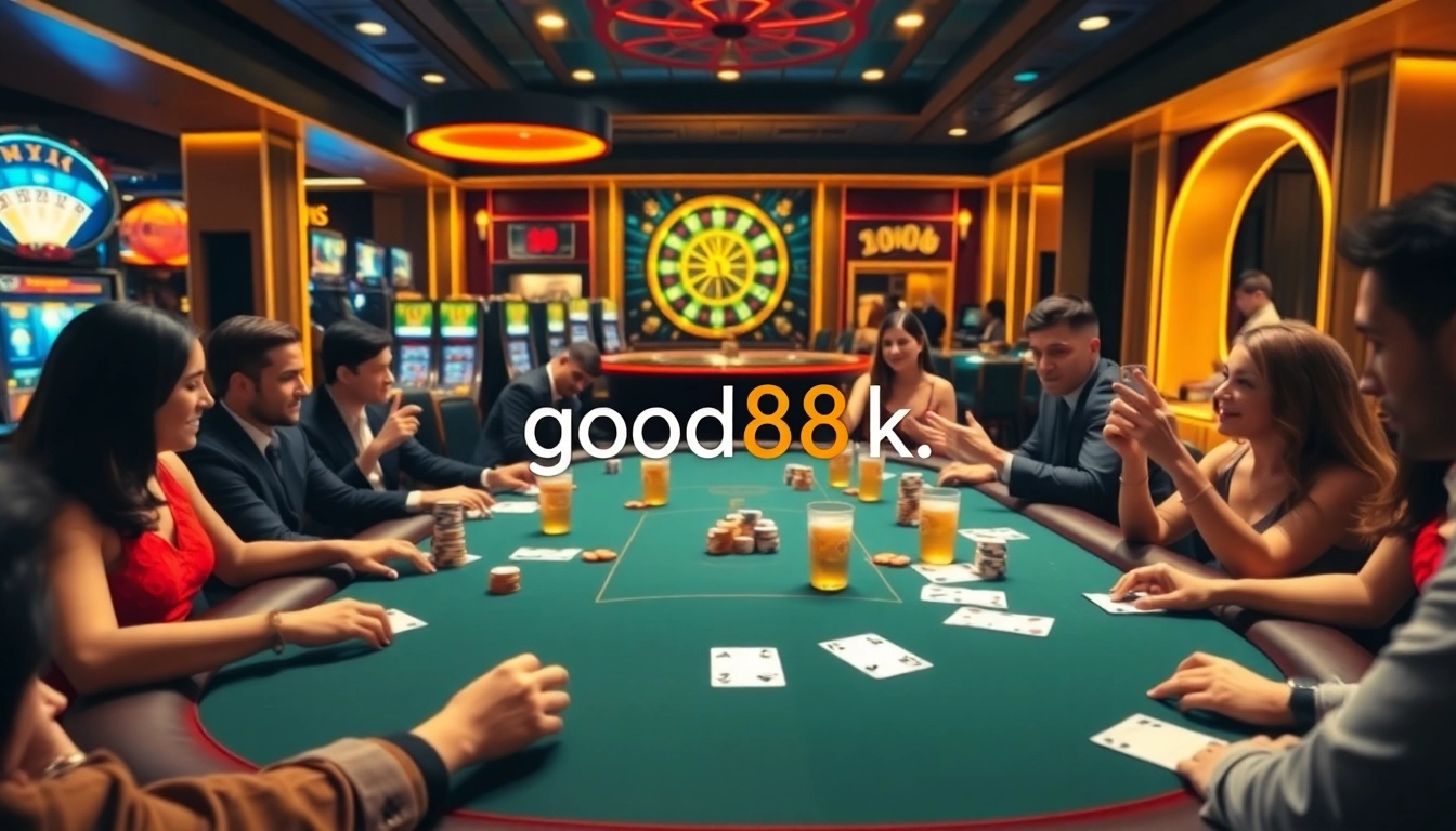 Experience the excitement at good88k.blog with players engaged at a vibrant poker table in a luxurious casino.