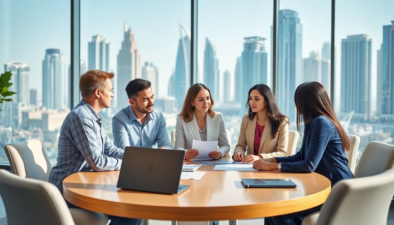 Business Consultants in Dubai collaborating in a modern office environment showcasing professional teamwork.