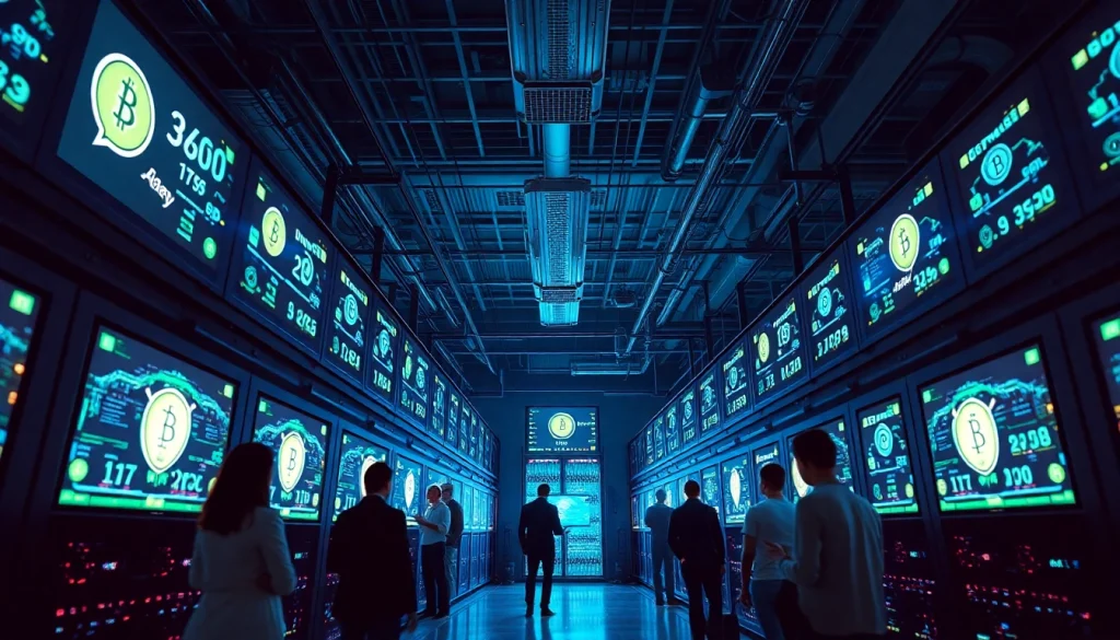 Dogecoin cloud mining scene in a modern data center showcasing advanced technology and vibrant cryptocurrency graphics.