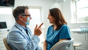 Dentist engaging with a patient in a modern clinic, showcasing trust and professionalism.