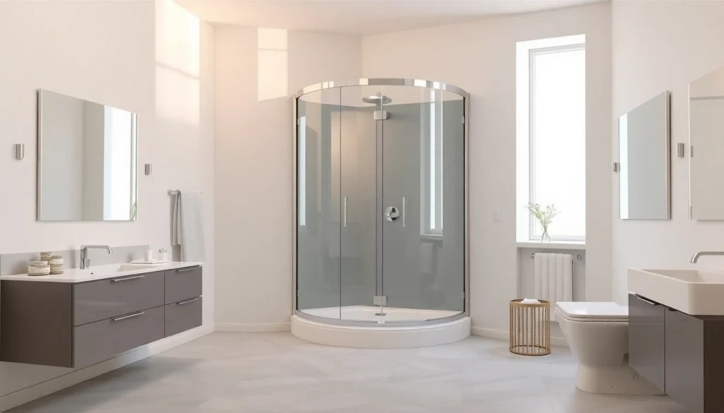 Visualiser une cabine de douche moderne avec produits sirhona fr dans un cadre élégant.