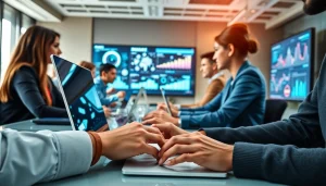 Showcasing Technology collaboration in a modern office environment with diverse professionals.