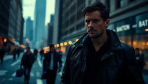 Protagonist resembling Jack Reacher assessing a bustling city, embodying confidence and vigilance.