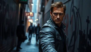 Powerful hero poised in an urban scene Like Jack Reacher, radiating intensity and mystery.
