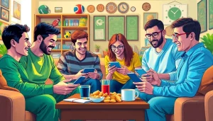 Engaged friends enjoying online sportsbooks India in a fun home setting, showcasing excitement and camaraderie.