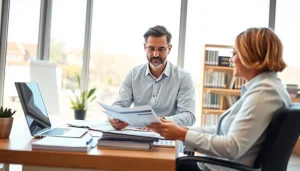 Client and advisor discussing Life insurance options at a desk in a bright office setting.