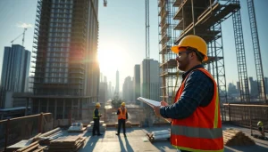 Manhattan Construction Manager overseeing a busy urban construction site in Manhattan.