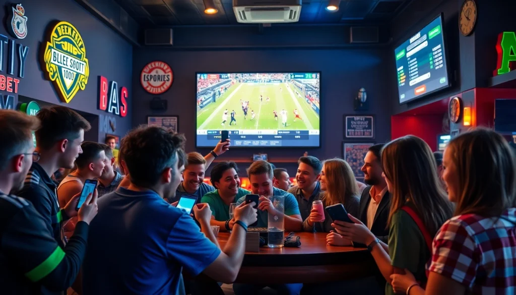 Engaged fans celebrating sports wins with online sportsbooks Oklahoma in a lively sports bar.