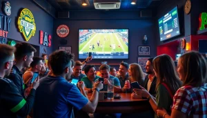 Engaged fans celebrating sports wins with online sportsbooks Oklahoma in a lively sports bar.