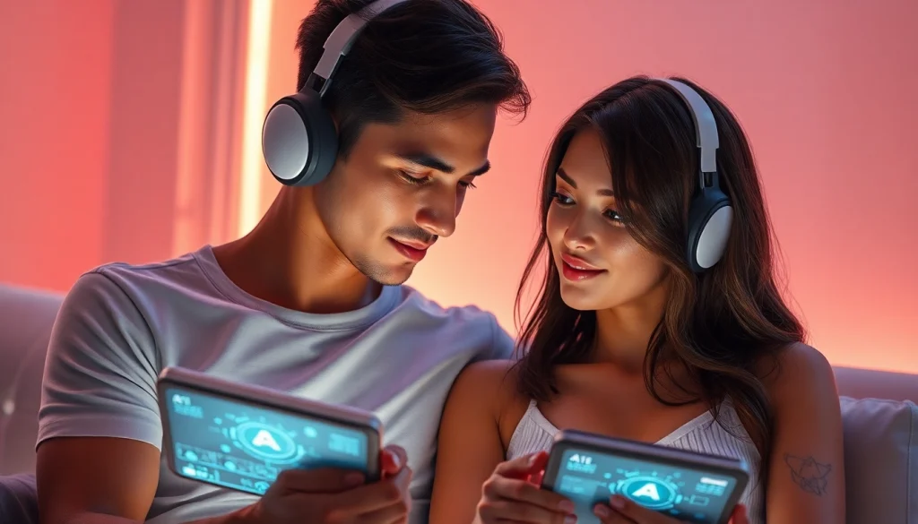 Couple exploring ai sex technology with modern devices in a cozy setting.