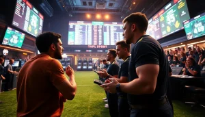 Explore online sportsbooks Texas with professional sports bettors amidst vibrant screens and excitement.