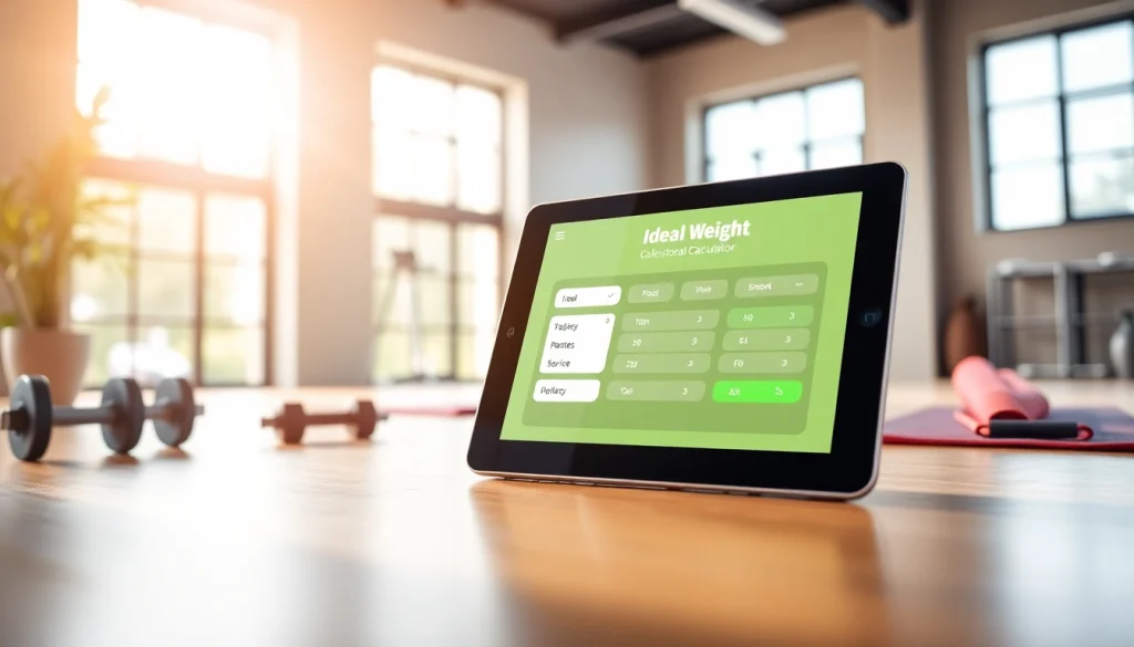 Calculate your ideal weight calculator results on a sleek tablet in a vibrant fitness studio.