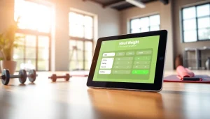 Calculate your ideal weight calculator results on a sleek tablet in a vibrant fitness studio.