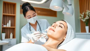 Aesthetic care in Nyack demonstrated in a serene spa with a nurse practitioner assisting a relaxed client.