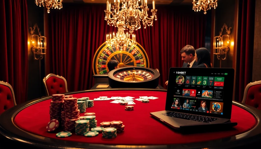 Experience the excitement of SHBET at a luxurious casino table with poker chips and online betting interface.