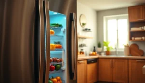Showcase a modern refrigerator packed with fresh produce in an elegant kitchen.