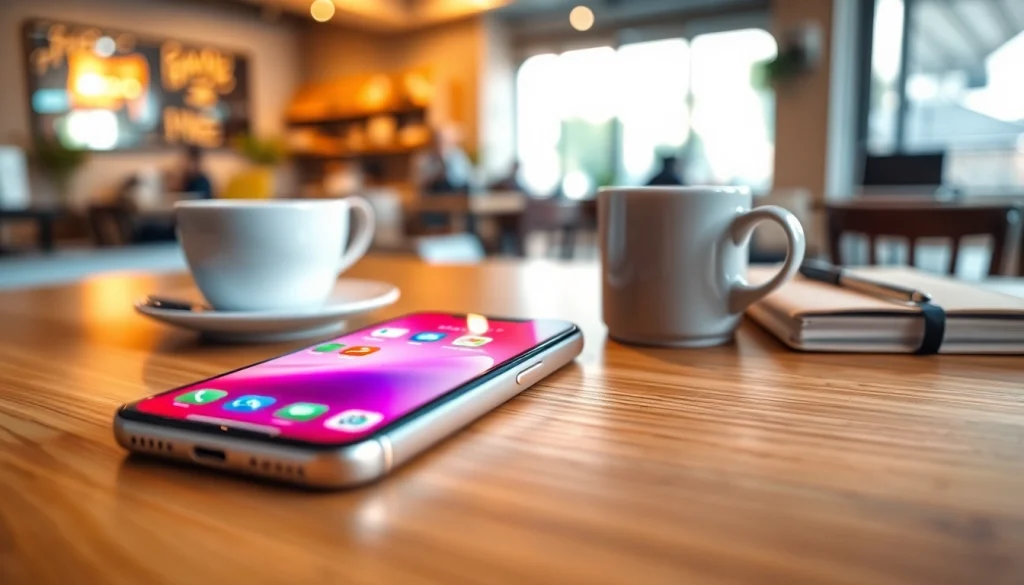 Examining the iPhone SE 4 mientras se disfruta de un café en un espacio moderno.