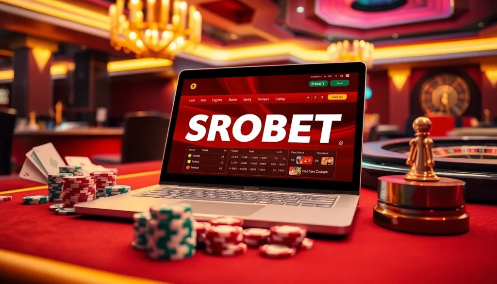 SBOBET online betting showcased on a laptop with vibrant casino elements, conveying excitement and luxury.