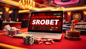 SBOBET online betting showcased on a laptop with vibrant casino elements, conveying excitement and luxury.