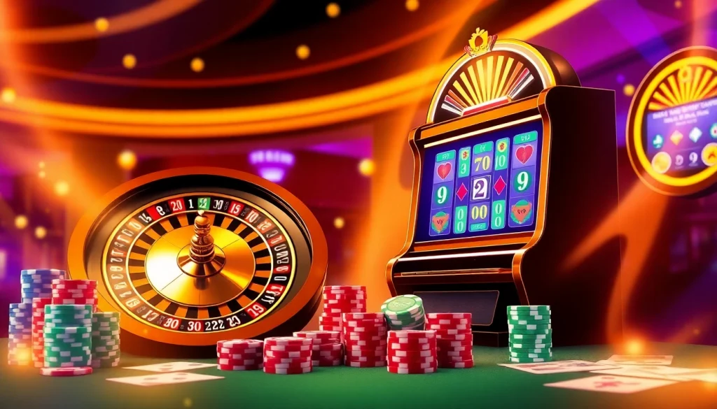 Experience the thrill of trang cá cược vua99 with colorful poker chips and a striking roulette wheel.