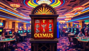 Engage with the Olympus slot machine amid a vibrant casino scene, capturing thrilling gameplay.
