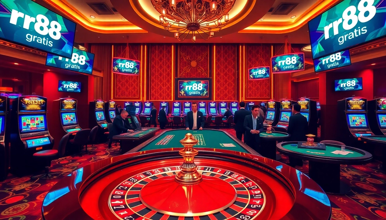 Experience the thrill of rr88 gratis at a luxurious casino featuring elegant tables and vibrant slot machines.