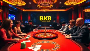 Players enjoying immersive BK8 casino games with vibrant table settings and genuine excitement.