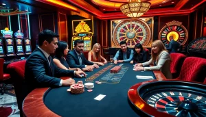 Players at a poker table experience thrilling moments at 98win3h.blog, surrounded by vibrant casino elements.