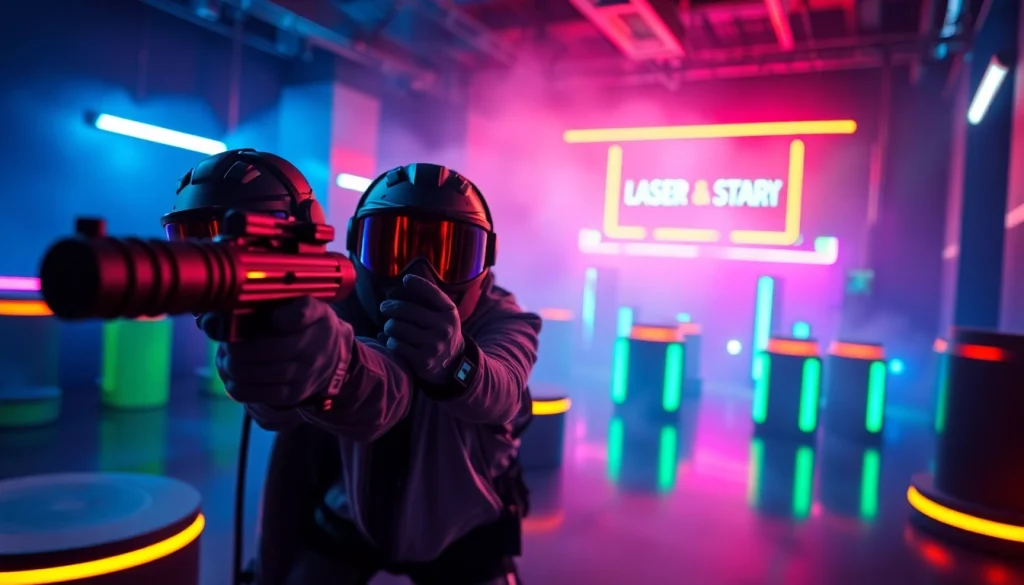 Players engaged in Laser tag action in a vibrant arena filled with neon lights.
