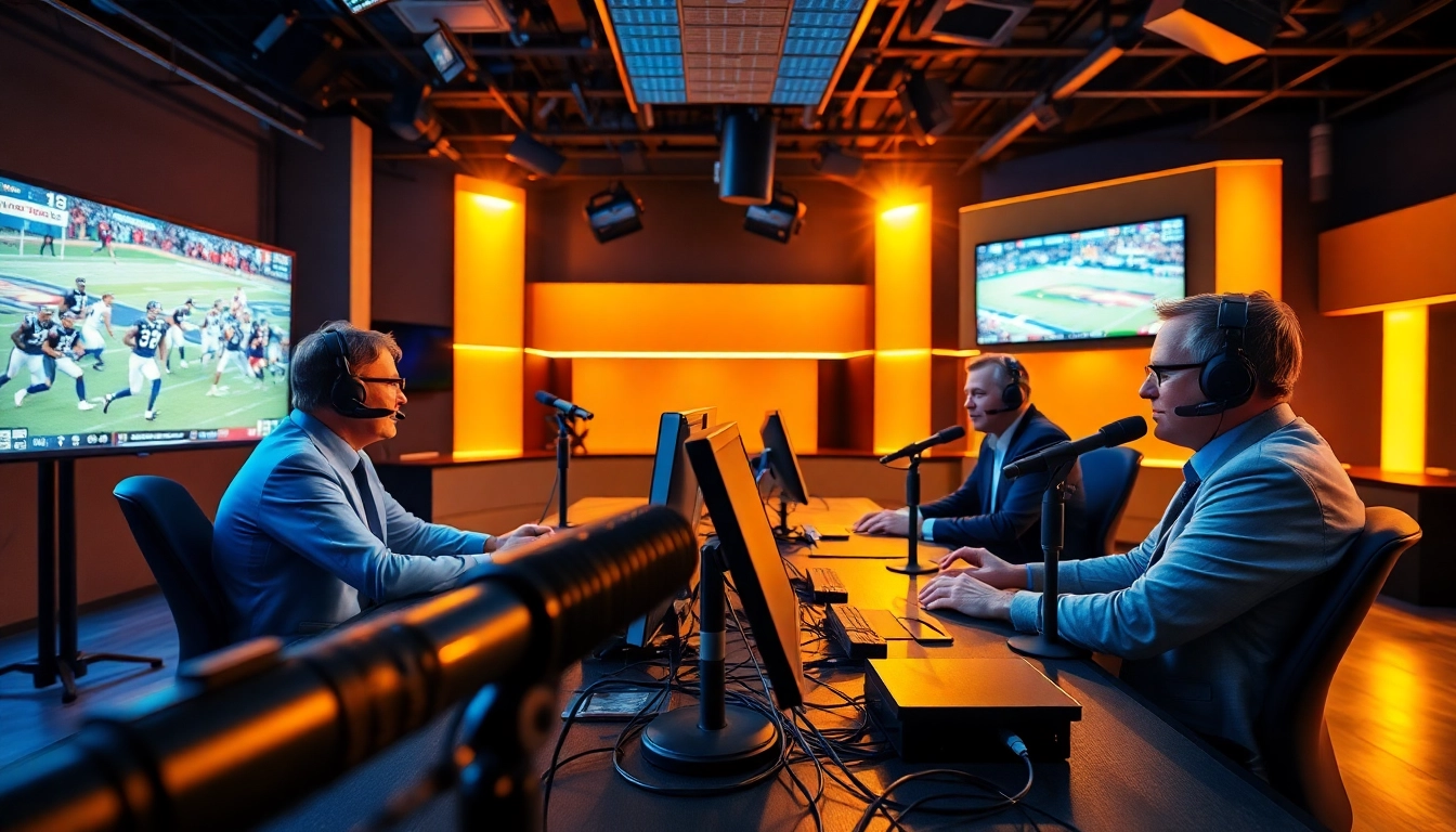 Engaging sports broadcasting hosts in a vibrant studio setup.