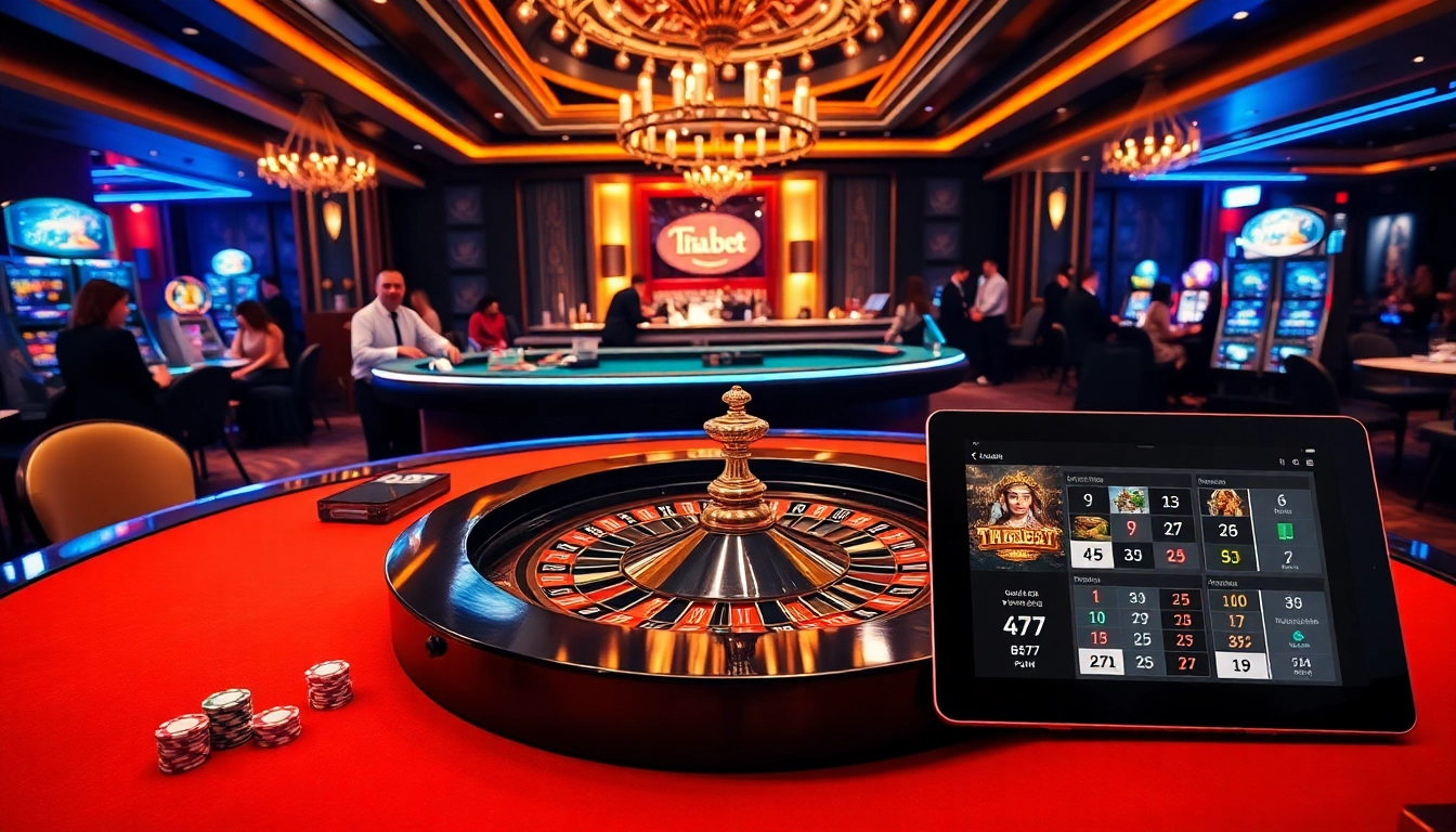 Players enjoying roulette and poker at Thabet77, an elegant casino experience with vibrant visuals.